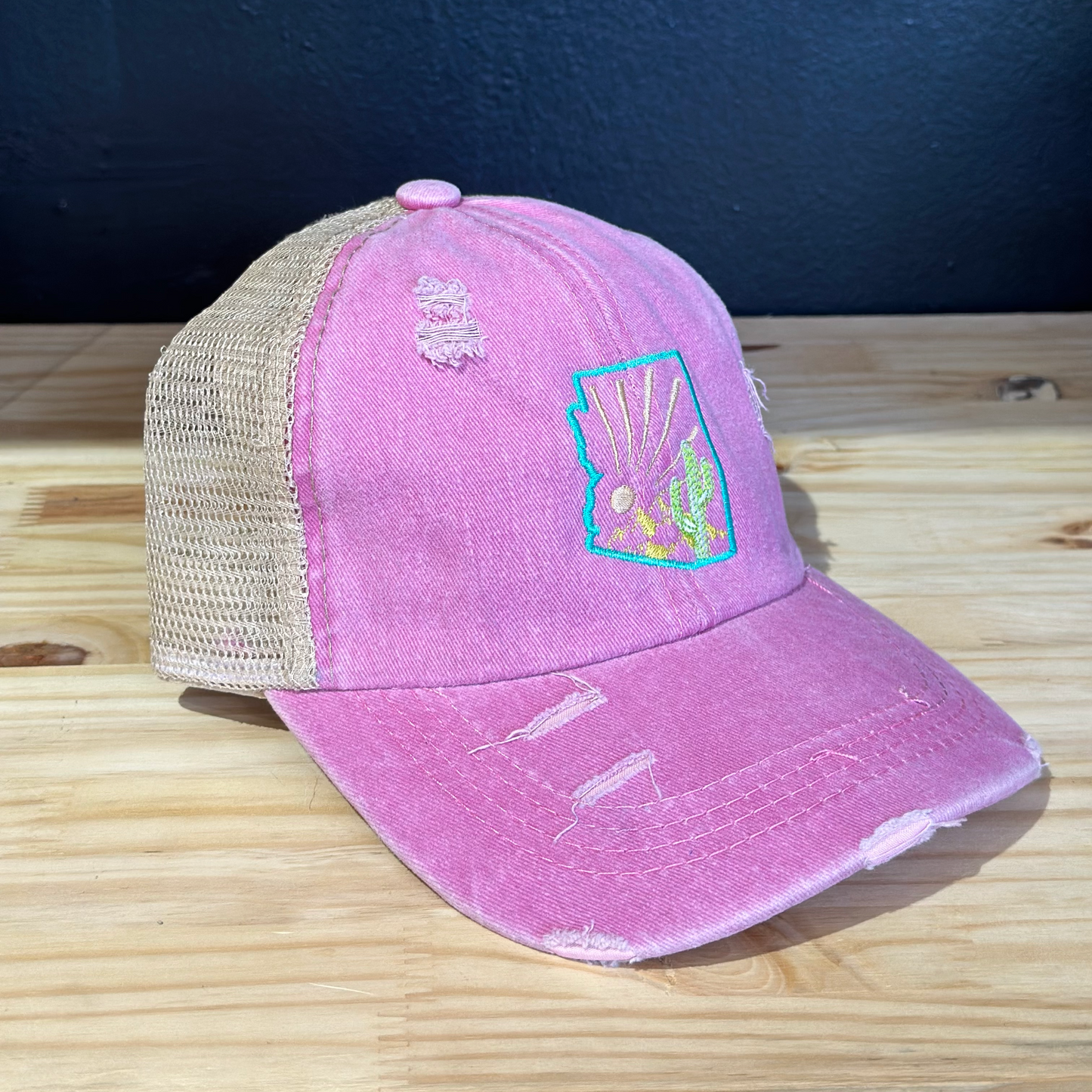 Desert State Scene Embroidered Pink Trucker Hat