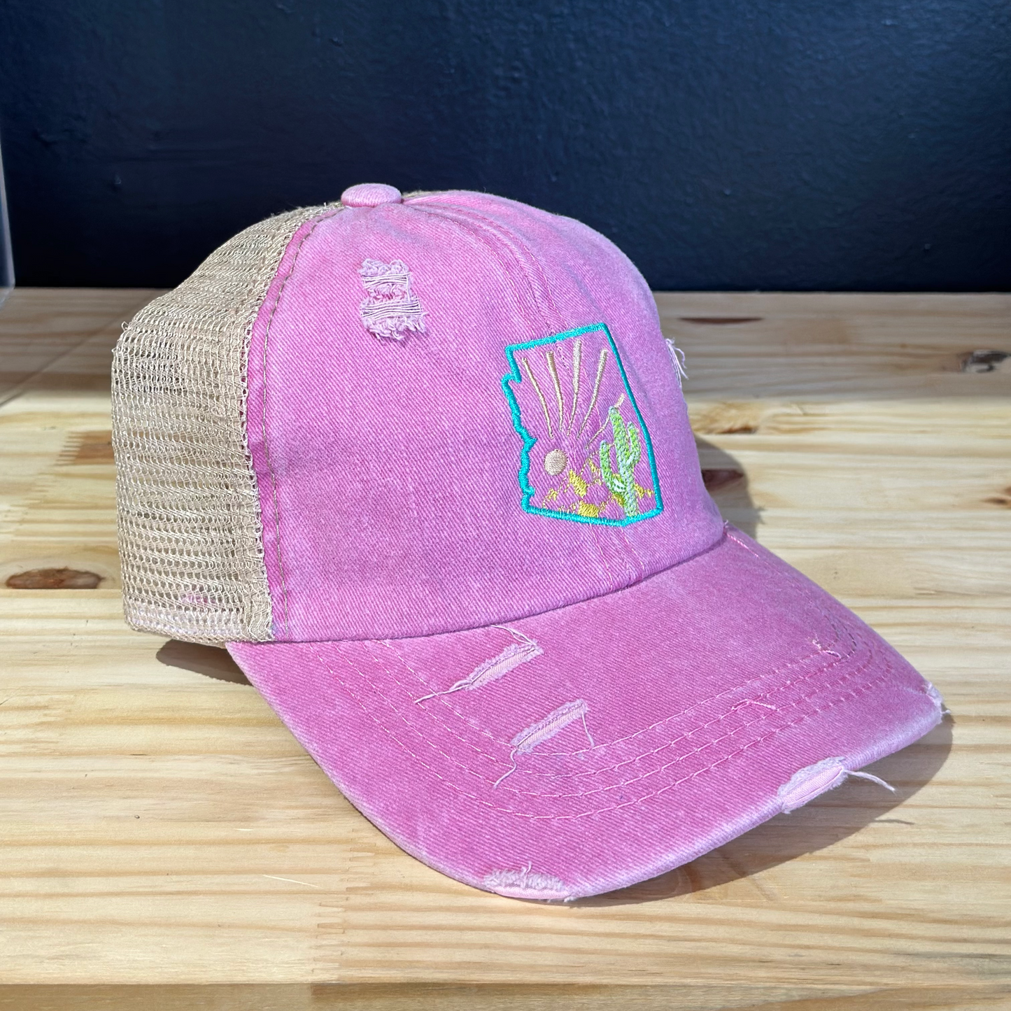 Desert State Scene Embroidered Pink Trucker Hat