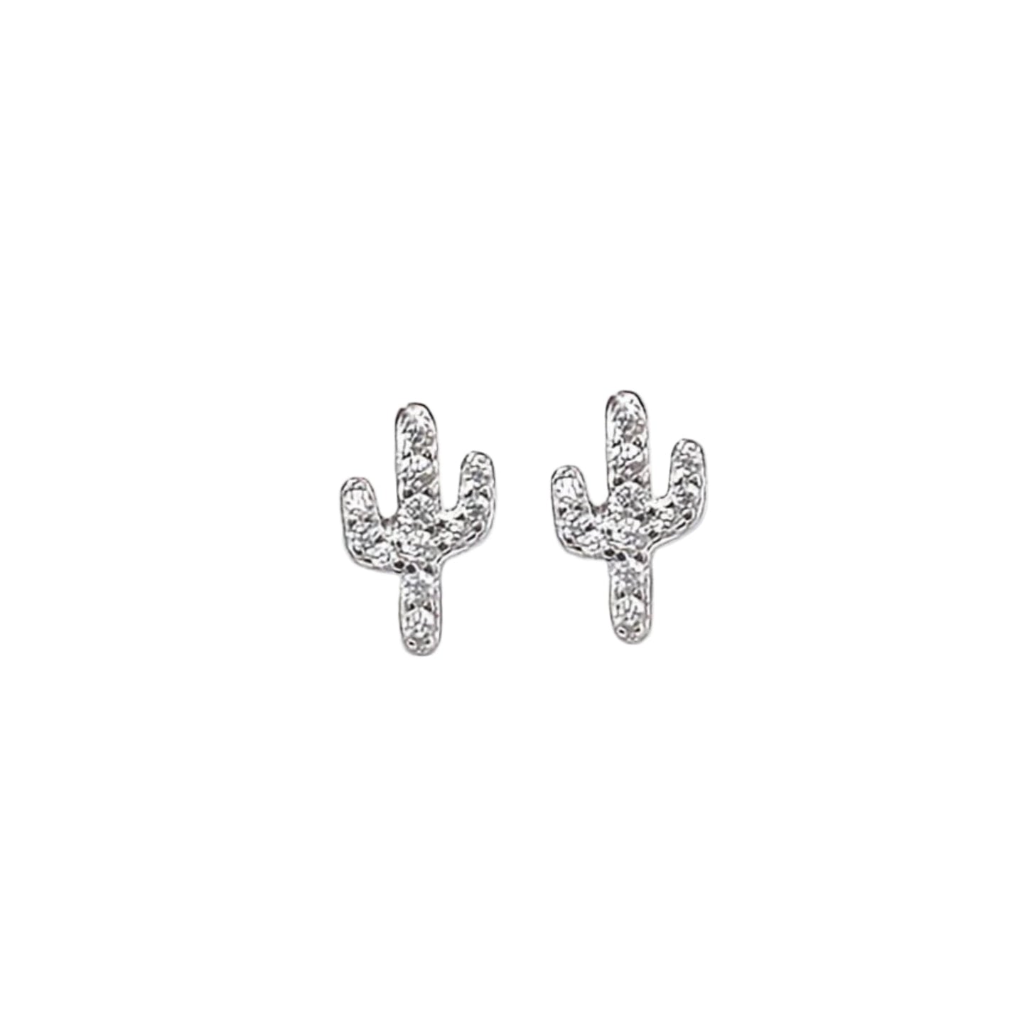 Silver Rhinestone Cactus Stud Earring