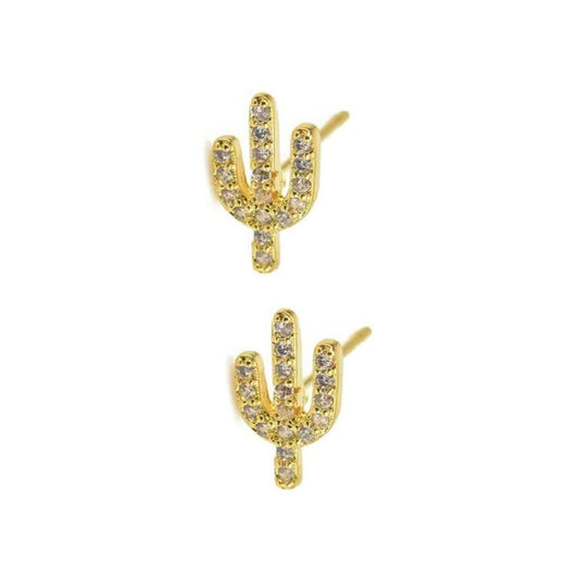 Gold Rhinestone Cactus Stud Earring