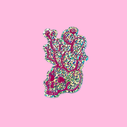 Pink Cactus Skull Glitter Sticker