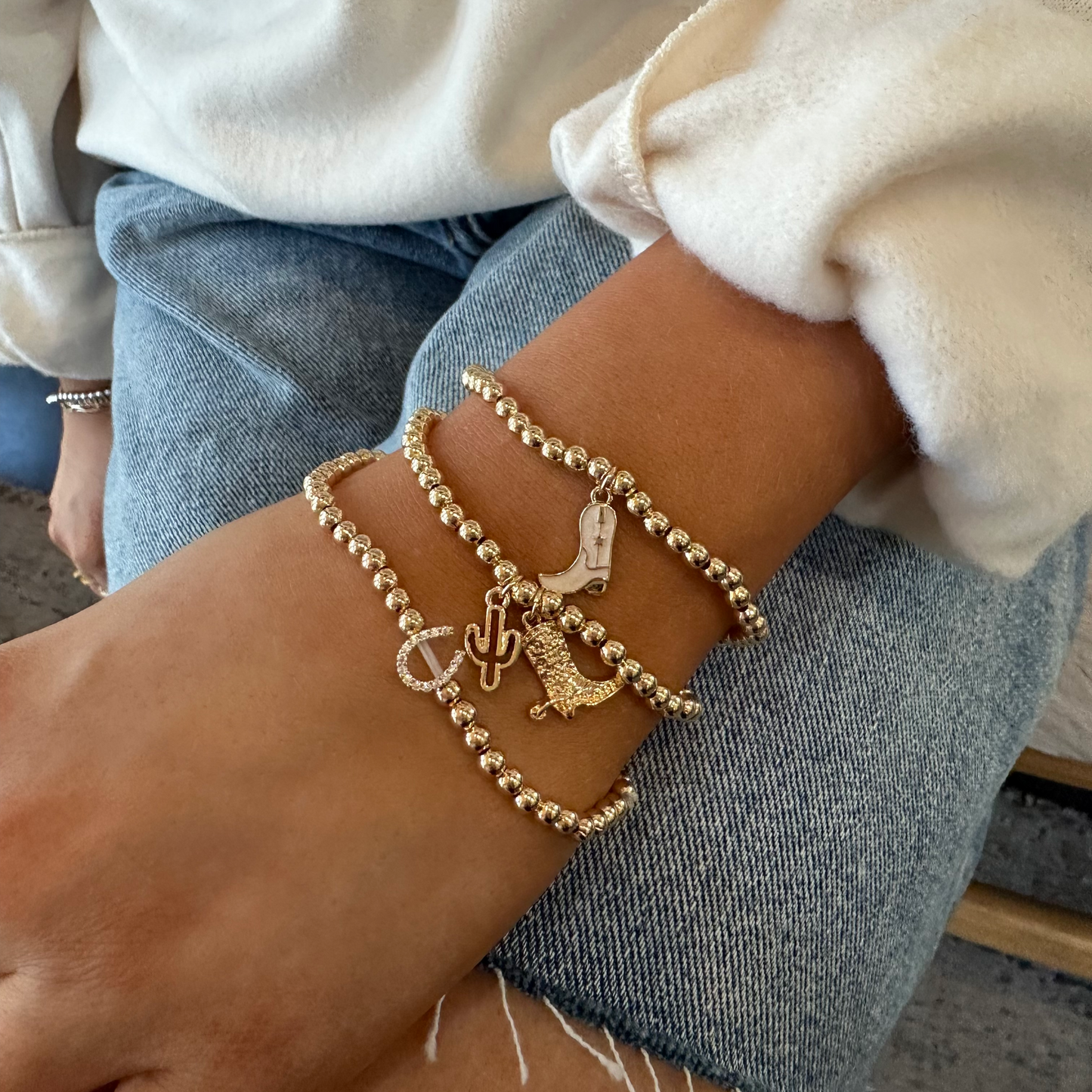 Gold Rhinestone Horseshoe Beaded Charm Bracelet